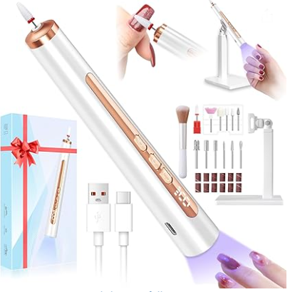 Electric Nail Drill with U V Light, Cordless Nail Drills Professional, Portable Electric Nail File Kit Rechargeable Efile Nail Drills for Acrylic Gel Nail Manicure Nail Drill Kit for Salon Home