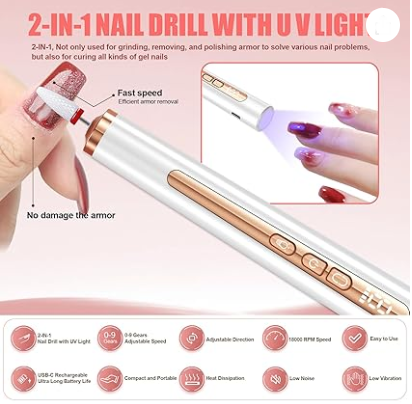Electric Nail Drill with U V Light, Cordless Nail Drills Professional, Portable Electric Nail File Kit Rechargeable Efile Nail Drills for Acrylic Gel Nail Manicure Nail Drill Kit for Salon Home