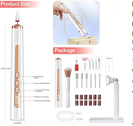 Electric Nail Drill with U V Light, Cordless Nail Drills Professional, Portable Electric Nail File Kit Rechargeable Efile Nail Drills for Acrylic Gel Nail Manicure Nail Drill Kit for Salon Home