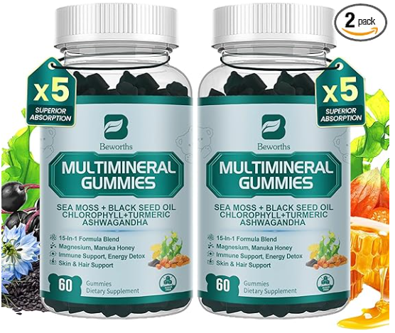 Sea Moss Gummies with Ashwagandha & Chlorophyll, Immune, Digestive and Gut Detox Support, Powered by Black Seed Oil, Vitamin C, Vitamin D & Magnesium, GMO, Vegan, Apple Flavor, 120 SeaMoss Gummies