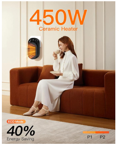 Wall Outlet Space Heater, 450W Plug in Electric Heater with Adjustable Modes & 12h Timer & Led Display, 3s Fast Heating, Portable Heater for Office Drom Room (Black)