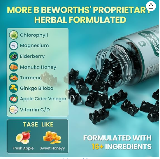 Sea Moss Gummies with Ashwagandha & Chlorophyll, Immune, Digestive and Gut Detox Support, Powered by Black Seed Oil, Vitamin C, Vitamin D & Magnesium, GMO, Vegan, Apple Flavor, 120 SeaMoss Gummies