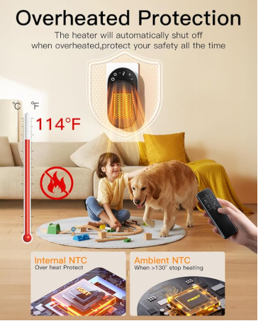 Wall Outlet Space Heater, 450W Plug in Electric Heater with Adjustable Modes & 12h Timer & Led Display, 3s Fast Heating, Portable Heater for Office Drom Room (Black)