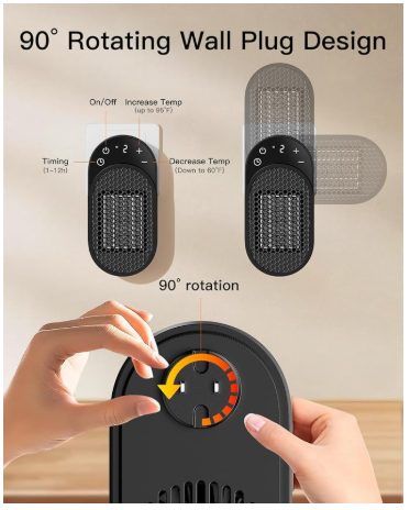 Wall Outlet Space Heater, 450W Plug in Electric Heater with Adjustable Modes & 12h Timer & Led Display, 3s Fast Heating, Portable Heater for Office Drom Room (Black)