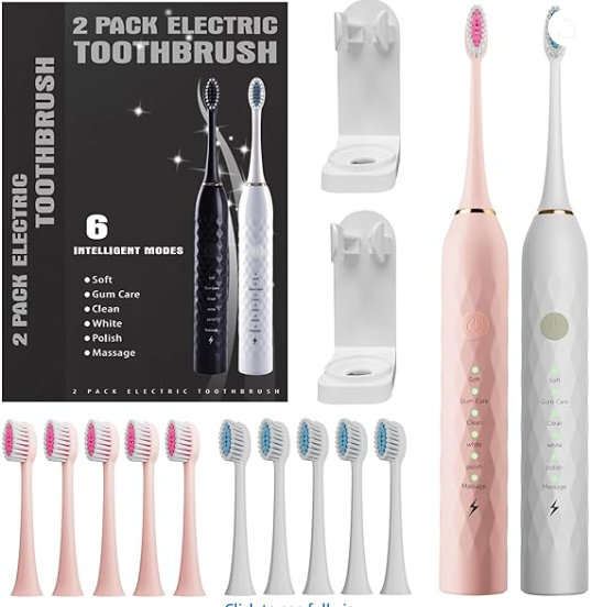 Electric Toothbrush with Holders，2 Pack Sonic Toothbrush with 12 Heads, 6 Modes, IPX7 Waterproof, Smart Timer, 2 Hours Charge for 60 Days (Pink & White)