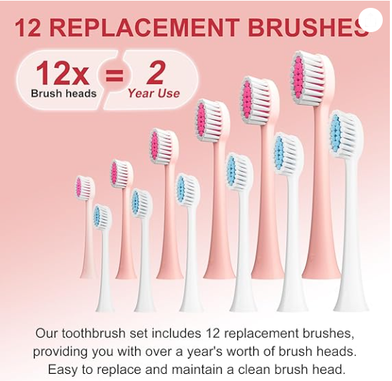 Electric Toothbrush with Holders，2 Pack Sonic Toothbrush with 12 Heads, 6 Modes, IPX7 Waterproof, Smart Timer, 2 Hours Charge for 60 Days (Pink & White)