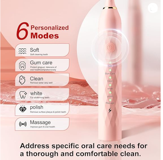 Electric Toothbrush with Holders，2 Pack Sonic Toothbrush with 12 Heads, 6 Modes, IPX7 Waterproof, Smart Timer, 2 Hours Charge for 60 Days (Pink & White)