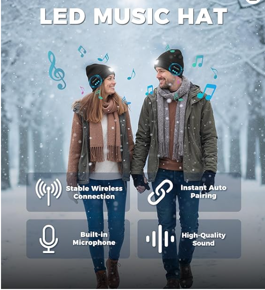 Bluetooth Beanie Hat,USB Rechargeable 4 LED Wireless Music Running Headlamp Cap, Gifts for Christmas, Valentine's Day Gifts for Husband, Men, Women, Him, Her
