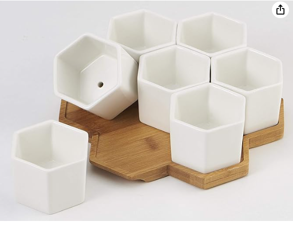 FLOWERPLUS Planter Pots Indoor, 7 Pack 2.75 Inch Modern White Ceramic Small Hex Succulent Cactus Flower Plant Pot with Bamboo Tray for Indoors Outdoor Office Home Garden Kitchen Decor (Hexagon)