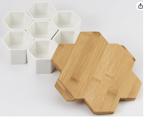 FLOWERPLUS Planter Pots Indoor, 7 Pack 2.75 Inch Modern White Ceramic Small Hex Succulent Cactus Flower Plant Pot with Bamboo Tray for Indoors Outdoor Office Home Garden Kitchen Decor (Hexagon)