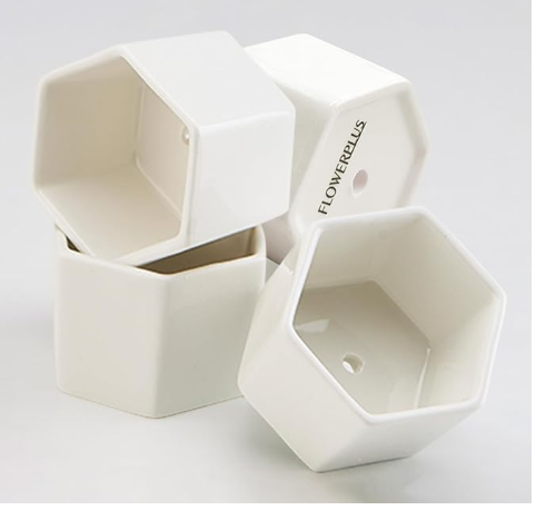 FLOWERPLUS Planter Pots Indoor, 7 Pack 2.75 Inch Modern White Ceramic Small Hex Succulent Cactus Flower Plant Pot with Bamboo Tray for Indoors Outdoor Office Home Garden Kitchen Decor (Hexagon)