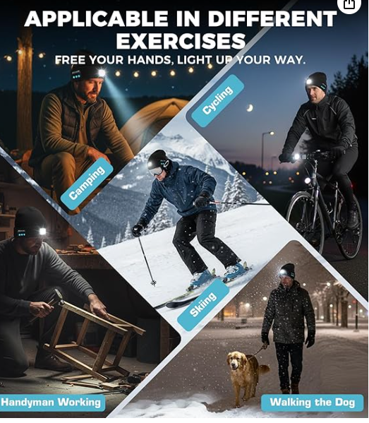 Bluetooth Beanie Hat,USB Rechargeable 4 LED Wireless Music Running Headlamp Cap, Gifts for Christmas, Valentine's Day Gifts for Husband, Men, Women, Him, Her