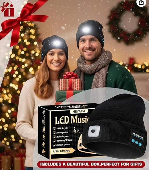 Bluetooth Beanie Hat,USB Rechargeable 4 LED Wireless Music Running Headlamp Cap, Gifts for Christmas, Valentine's Day Gifts for Husband, Men, Women, Him, Her
