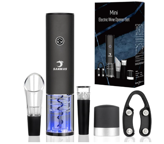 SANMAS Rechargeable Electric Wine Bottle Opener Set - Automatic Corkscrew with Foil Cutter, Wine Stopper & Aerator Pourer - Ideal Gift for Wine Lovers