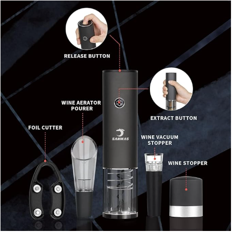 SANMAS Rechargeable Electric Wine Bottle Opener Set - Automatic Corkscrew with Foil Cutter, Wine Stopper & Aerator Pourer - Ideal Gift for Wine Lovers
