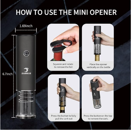 SANMAS Rechargeable Electric Wine Bottle Opener Set - Automatic Corkscrew with Foil Cutter, Wine Stopper & Aerator Pourer - Ideal Gift for Wine Lovers