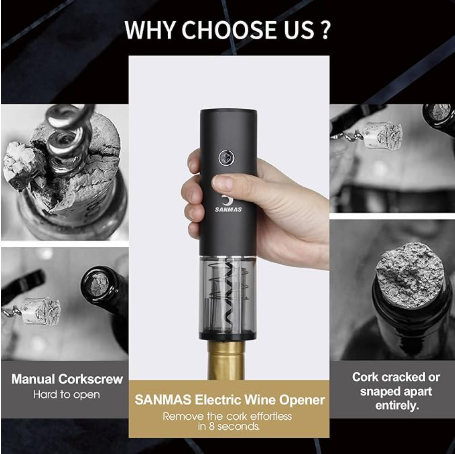 SANMAS Rechargeable Electric Wine Bottle Opener Set - Automatic Corkscrew with Foil Cutter, Wine Stopper & Aerator Pourer - Ideal Gift for Wine Lovers