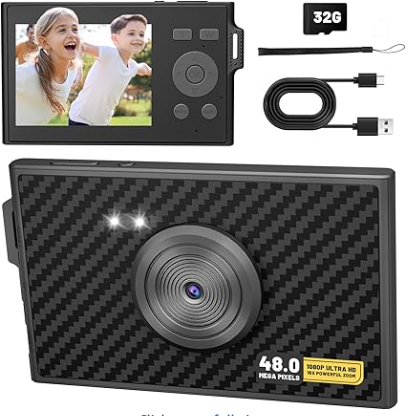 Digital Camera, FHD 1080P Kids Camera 16X Zoom Anti Shake, 48MP Compact Portable Ultra-Thin Point Shoot Camera Gift for Kid Student Children Teen Girl Boy with 32GB SD Card