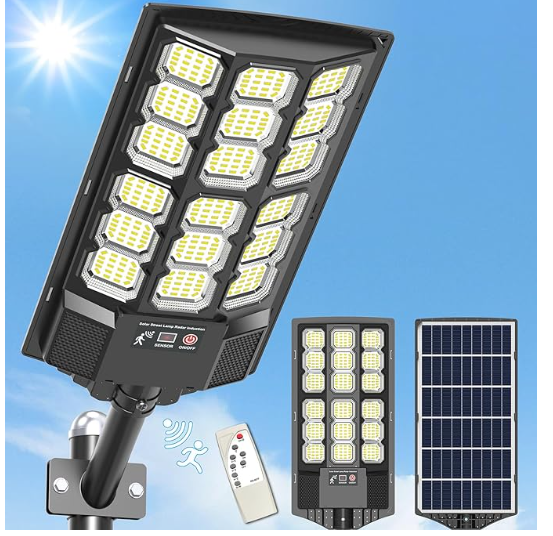 Solar Street Lights Outdoor - Wide Angle, Motion Sensor Solar Flood Lights Waterproof, 6500K Parking Lot Lights Dusk to Dawn, Remote Control for Outside Area Lighting
