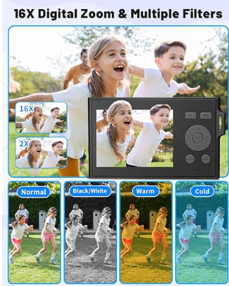 Digital Camera, FHD 1080P Kids Camera 16X Zoom Anti Shake, 48MP Compact Portable Ultra-Thin Point Shoot Camera Gift for Kid Student Children Teen Girl Boy with 32GB SD Card