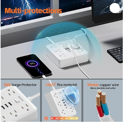 Portable Ultra Thin Flat Plug Surge Overload Protector Power Strip 5ft Extension Cord with 6 AC Power Outlets 4 USB (1C) for Home Office Dorm Travel Essentials Fire and Reach 15A 1875W UL