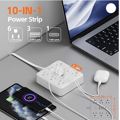 Portable Ultra Thin Flat Plug Surge Overload Protector Power Strip 5ft Extension Cord with 6 AC Power Outlets 4 USB (1C) for Home Office Dorm Travel Essentials Fire and Reach 15A 1875W UL