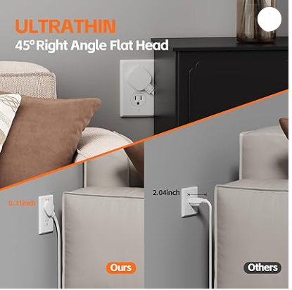 Portable Ultra Thin Flat Plug Surge Overload Protector Power Strip 5ft Extension Cord with 6 AC Power Outlets 4 USB (1C) for Home Office Dorm Travel Essentials Fire and Reach 15A 1875W UL