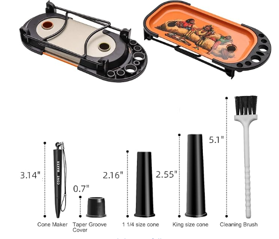Metal Rolling Tray with Cone Loader for King Size &1 1/4 Size Pre Rolled Cones, Pre Roll Machine, Foldable Stand Cone Filler with Brush & Placement Device