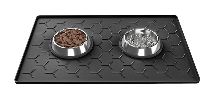 Pieviev Dog Cat Food Bowl Mat, Silicone Waterproof Food Grade Pet Food Mat for Floor, High Raised Edge to Prevent Spills, Non-Slip & Easy Clean Pet Placemat for Dog & Cat Bowls, 24''x16'', Light Gray