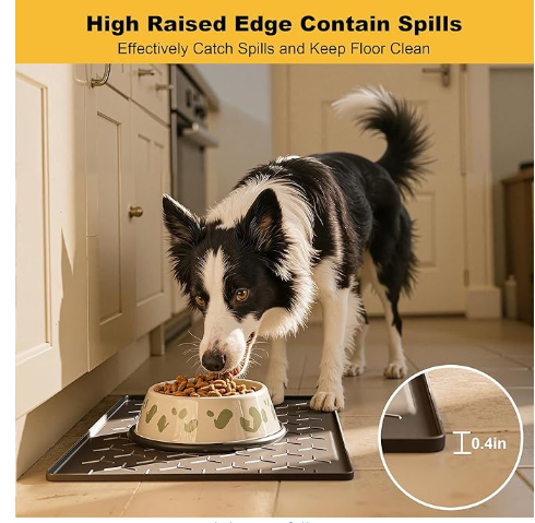 Pieviev Dog Cat Food Bowl Mat, Silicone Waterproof Food Grade Pet Food Mat for Floor, High Raised Edge to Prevent Spills, Non-Slip & Easy Clean Pet Placemat for Dog & Cat Bowls, 24''x16'', Light Gray