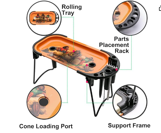 Metal Rolling Tray with Cone Loader for King Size &1 1/4 Size Pre Rolled Cones, Pre Roll Machine, Foldable Stand Cone Filler with Brush & Placement Device