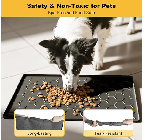 Pieviev Dog Cat Food Bowl Mat, Silicone Waterproof Food Grade Pet Food Mat for Floor, High Raised Edge to Prevent Spills, Non-Slip & Easy Clean Pet Placemat for Dog & Cat Bowls, 24''x16'', Light Gray