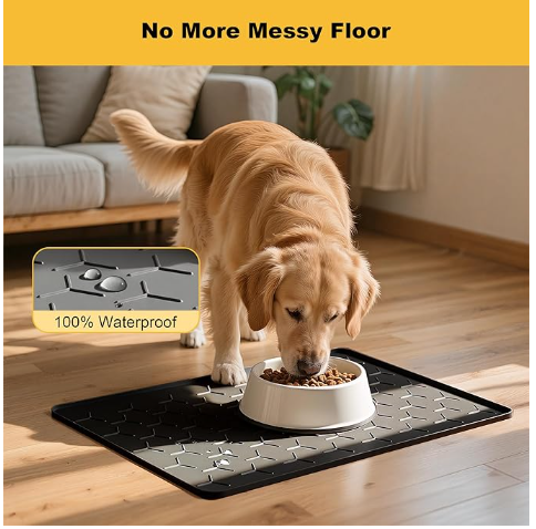 Pieviev Dog Cat Food Bowl Mat, Silicone Waterproof Food Grade Pet Food Mat for Floor, High Raised Edge to Prevent Spills, Non-Slip & Easy Clean Pet Placemat for Dog & Cat Bowls, 24''x16'', Light Gray