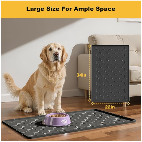 Pieviev Dog Cat Food Bowl Mat, Silicone Waterproof Food Grade Pet Food Mat for Floor, High Raised Edge to Prevent Spills, Non-Slip & Easy Clean Pet Placemat for Dog & Cat Bowls, 24''x16'', Light Gray